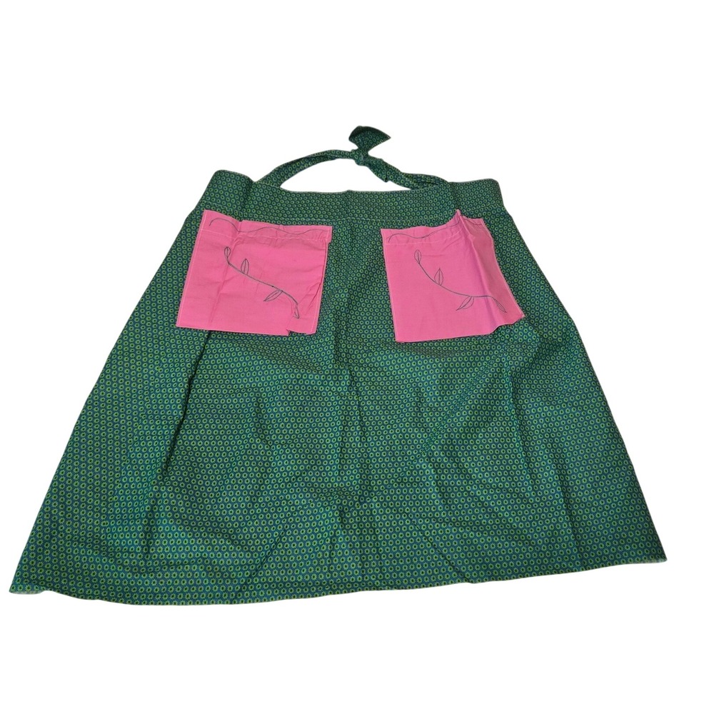 Vintage Handmade Half Apron Floral w/ Pink Embroidered Pockets Retro cottagecore